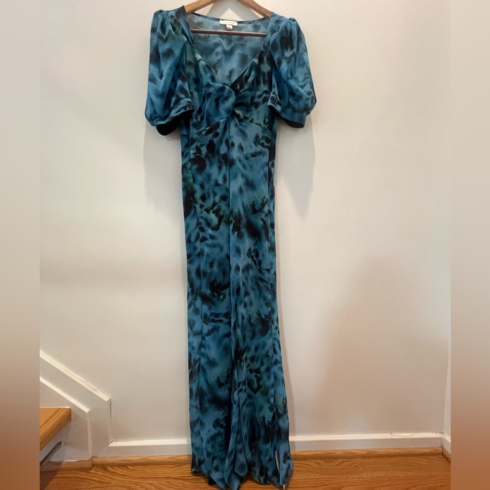 Topshop puff sleeve bias maxi dress in blue print